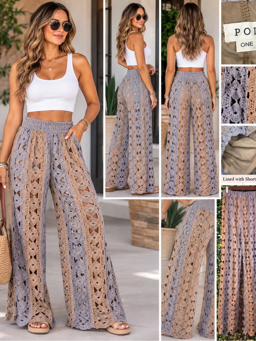 POL One Size Crochet Wide Leg Pants Gray Taupe Boho Lined Pull On